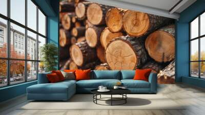 Log trunks pile, Wooden trunks pine, Logging timber wood industry Wall mural